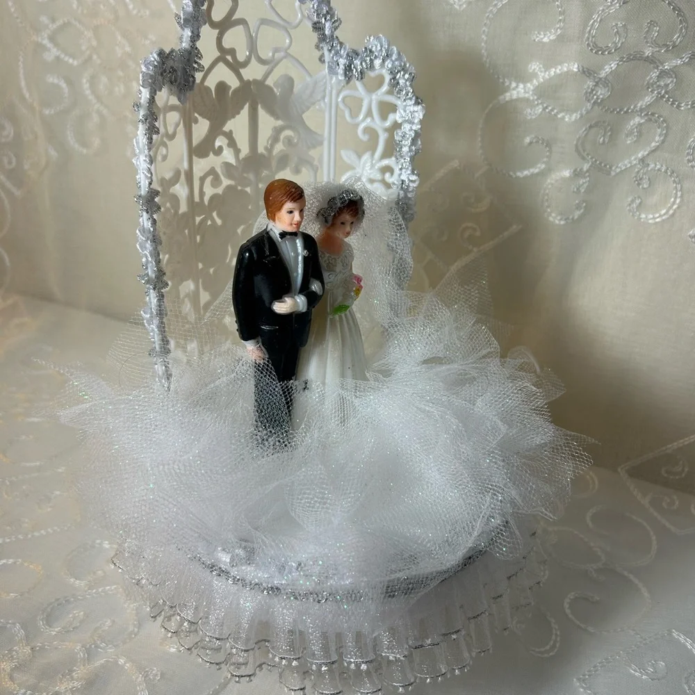 Classic Bride and Groom Wedding Cake Topper with Silver Accents